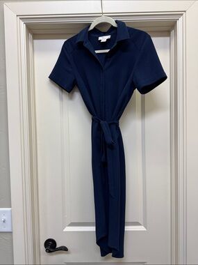 Rachel Parcel Navy Short Sleeve Shirt Dress with Tie Waist